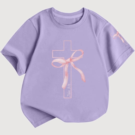 Gyujnb Casual Ribbon Bow Print Round Neck Short Sleeved Soft Everyday Wear T Shirt Top (Girls),3-4 Years