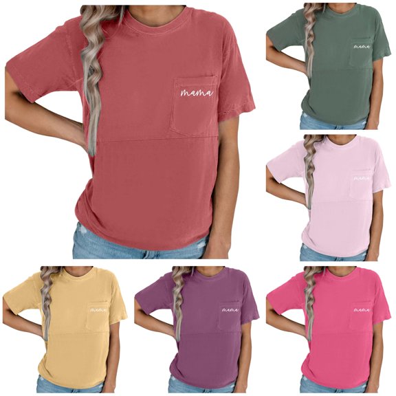 Gyujnb Classic Crew Neck Maternity Nursing Tee Short Sleeve Front Pocket Mama Letter Print Side Zipper Feeding Opening Loose Split Waist Soft Stretch Top,S