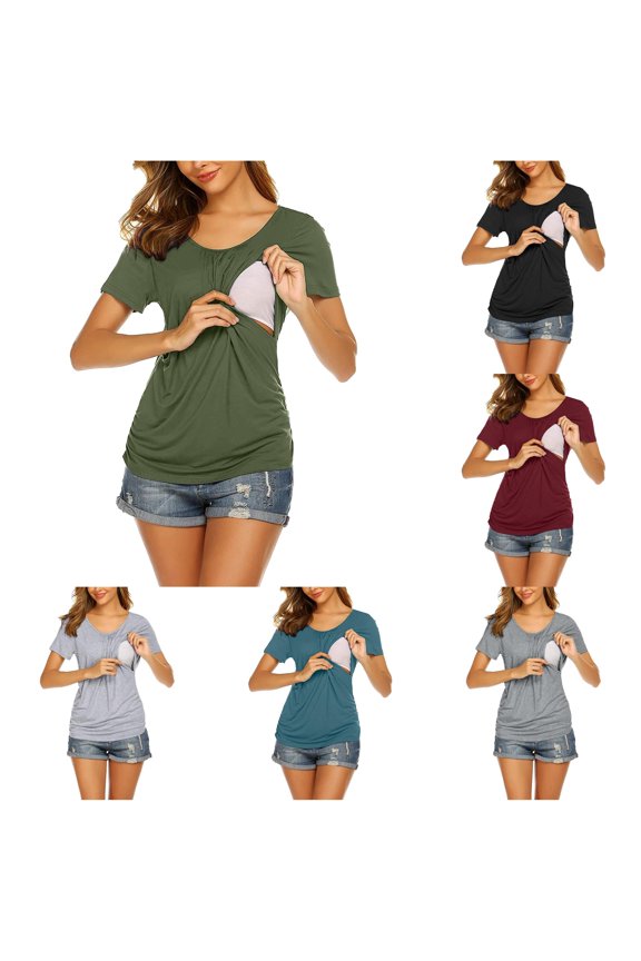 Gyujnb Classic Crew Neck Maternity Nursing Tunic Solid Soft Stretch Knit Short Sleeve Dual Side Ruched Bump Fit Feeding Opening Loose Curved Hem Top,L