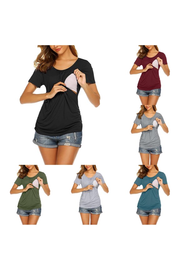 Gyujnb Classic Crew Neck Maternity Nursing Tunic Solid Soft Stretch Knit Short Sleeve Dual Side Ruched Bump Fit Feeding Opening Loose Curved Hem Top,L