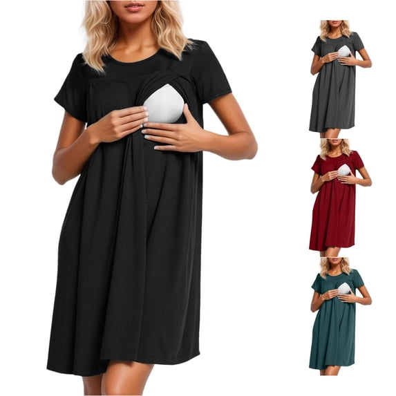 Gyujnb Classic Crew Neck Short Sleeve Maternity Nursing Nightgown Wrap Hidden Lift Up Breastfeeding Opening Loose Flowy A Line Knee Length Soft Breathable Stretch Knit Gown,L