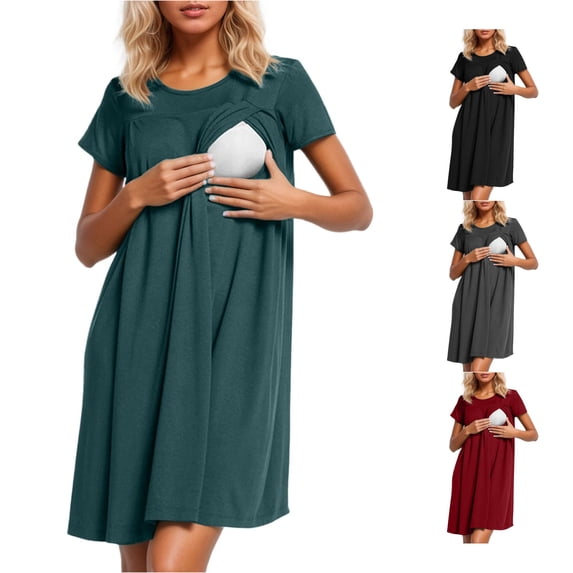 Gyujnb Classic Crew Neck Short Sleeve Maternity Nursing Nightgown Wrap Hidden Lift Up Breastfeeding Opening Loose Flowy A Line Knee Length Soft Breathable Stretch Knit Gown,L