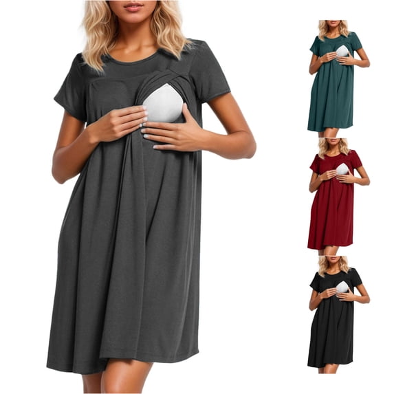Gyujnb Classic Crew Neck Short Sleeve Maternity Nursing Nightgown Wrap Hidden Lift Up Breastfeeding Opening Loose Flowy A Line Knee Length Soft Breathable Stretch Knit Gown,M