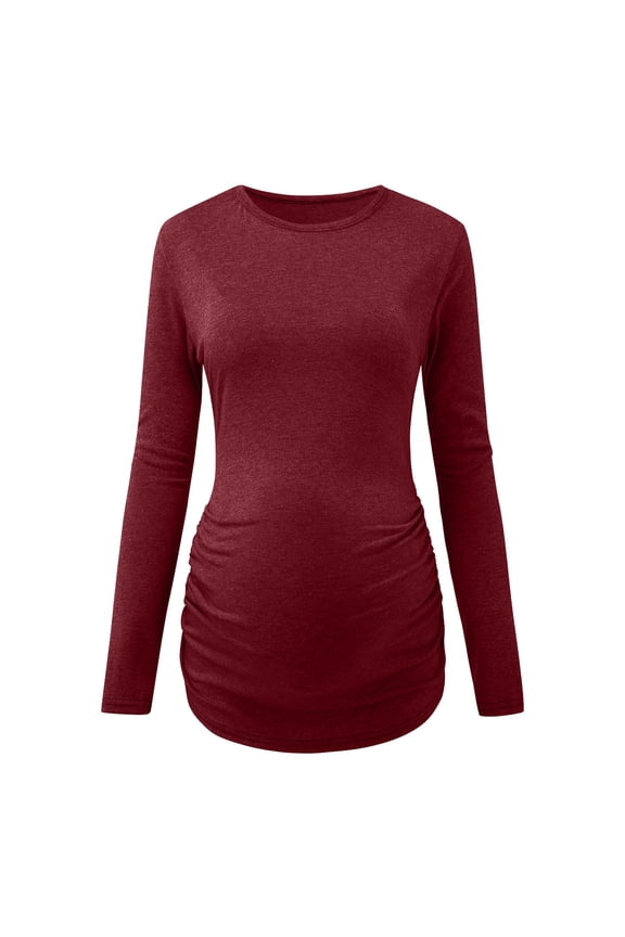 Gyujnb Classic Scoop Neck Maternity Tunic Solid Soft Stretch Knit Long Sleeve Dual Side Ruched Bump Friendly Slim Curved Extended Hem Top,L