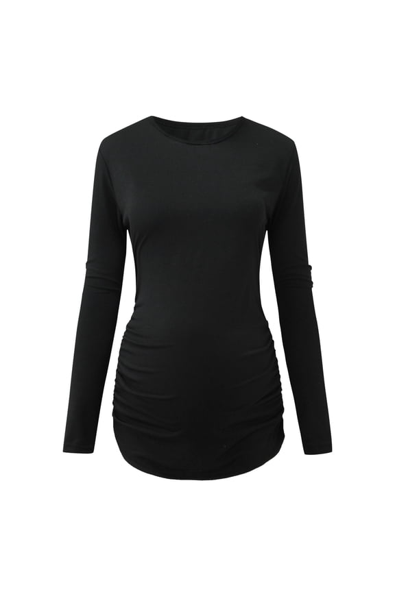 Gyujnb Classic Scoop Neck Maternity Tunic Solid Soft Stretch Knit Long Sleeve Dual Side Ruched Bump Friendly Slim Curved Extended Hem Top,L