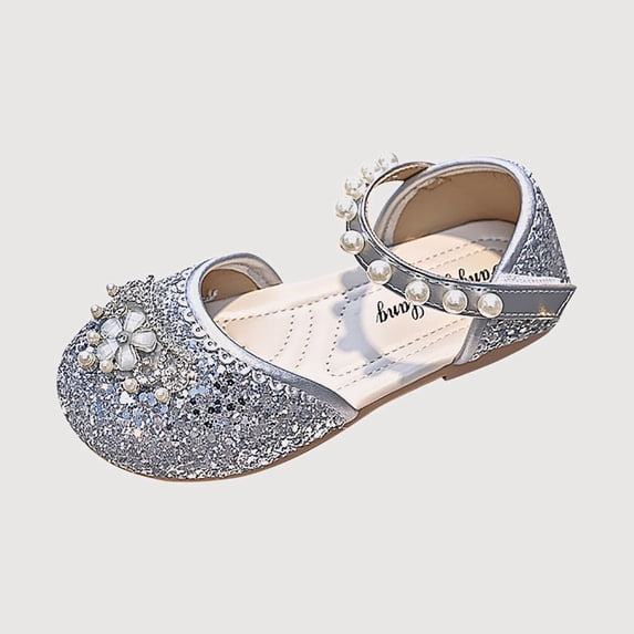 Gyujnb Closed Toe Shoes with Flower Rhinestone Pearl Detail, Hook and Loop Strap Casual Shoes (Little Girls, Big Girls),4-4.5 Years