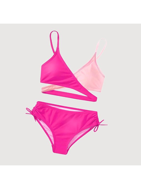 Gyujnb Color Block Wrap Top Side Tie Two Piece Bikini Set (Big Girls),5-6 Years