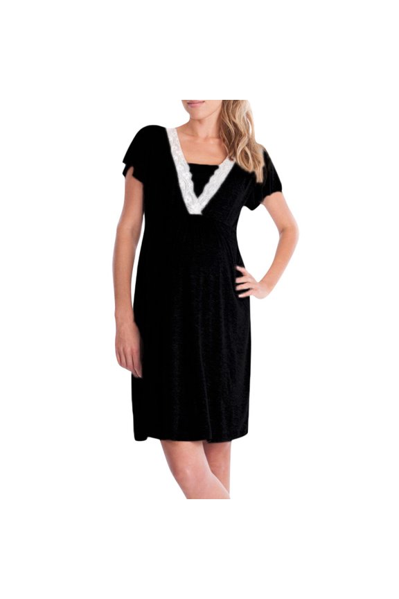 Gyujnb Contrast Lace Trim V Neck Maternity Nursing Pajama Dress Soft Lightweight Knit Short Sleeve Double Layer Hidden Feeding Loose A Line Midi Nightgown,XXL