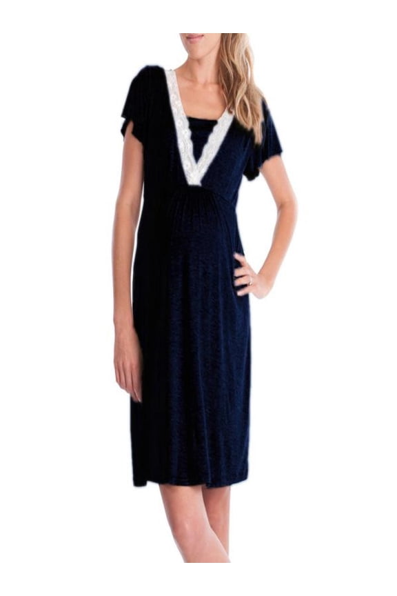 Gyujnb Contrast Lace Trim V Neck Maternity Nursing Pajama Dress Soft Lightweight Knit Short Sleeve Double Layer Hidden Feeding Loose A Line Midi Nightgown,S
