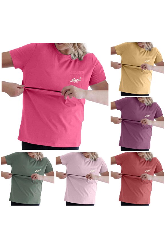 Gyujnb Crew Neck Maternity Nursing T-Shirt Front Patch Pocket Heart Mama Print Side Hidden Horizontal Pull Feeding Opening Soft Light Washed Cotton Loose Fit Top,S