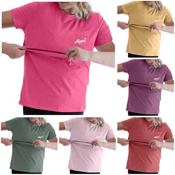 Gyujnb Crew Neck Maternity Nursing T-Shirt Front Patch Pocket Heart Mama Print Side Hidden Horizontal Pull Feeding Opening Soft Light Washed Cotton Loose Fit Top,S