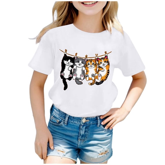 Gyujnb Cute Cat Print Crew Neck Short Sleeve T Shirt Casual Play and Daily Wear (Little Girls, Big Girls),4-6 Years