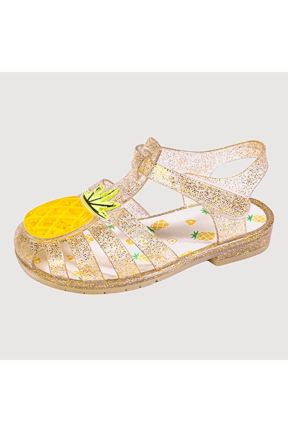 Gyujnb Cute Pineapple Jelly Sandals for Girls Glitter Closed Toe Flat Water Shoes,Adjustable Strap Summer Beach Casual Footwear (Toddler, Little Girls),3.5-4 Years