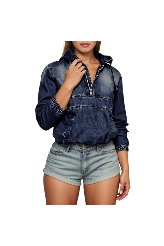 Distressed Denim Hoodie Asymmetrical Zip Up Jacket, Cowl Neck Long Sleeve Outerwear With Pockets, Casual Streetwear Fashion for Women,Size:XXL