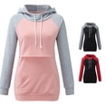 thumbnail image 1 of Gyujnb Drawstring Hooded Maternity Nursing Sweatshirt Raglan Color Block Soft Stretch Knit Long Sleeve Dual Layer Lift Up Feeding Front Kangaroo Pocket Longline Loose Hem Top,L, 1 of 6