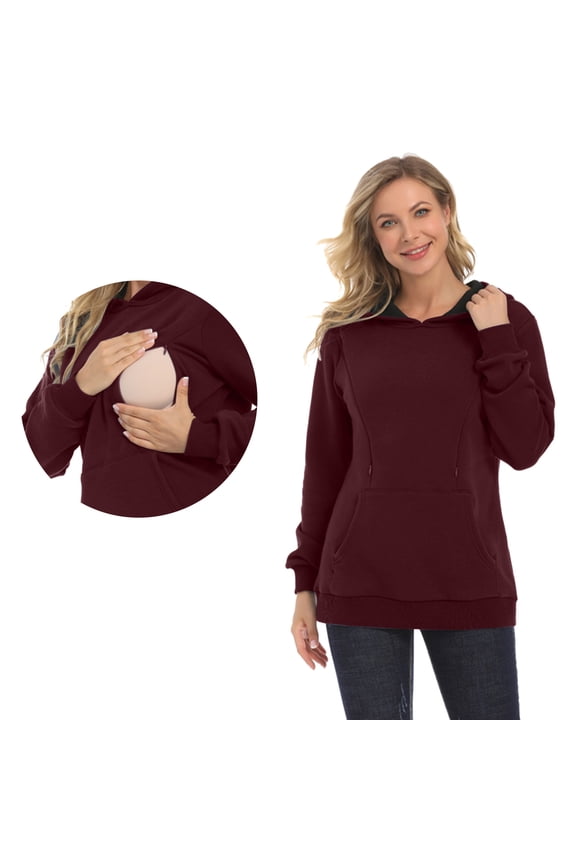 Gyujnb Drawstring Hooded Maternity Nursing Sweatshirt Solid Soft Side Hidden Zipper Feeding Opening Front Kangaroo Pocket Ribbed Cuff Hem Top,M