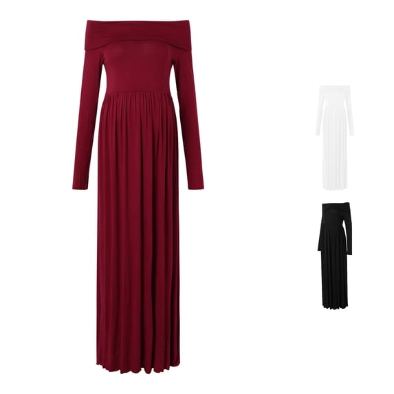 Gyujnb Fold Over Off Shoulder Maternity Maxi Gown Solid Soft Drape Stretch Knit Long Sleeve Elastic Gathered Empire Waist Flowy Floor Length Dress,S