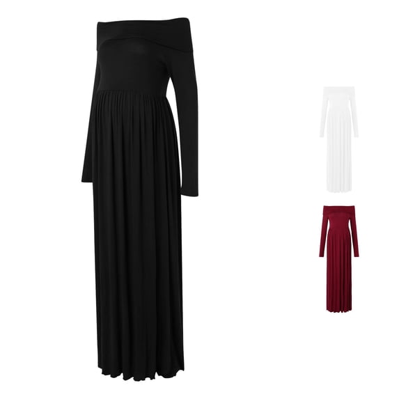 Gyujnb Fold Over Off Shoulder Maternity Maxi Gown Solid Soft Drape Stretch Knit Long Sleeve Elastic Gathered Empire Waist Flowy Floor Length Dress,S
