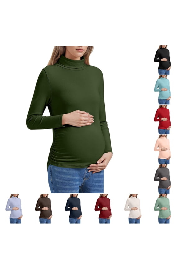 Gyujnb Fold Over Turtleneck Maternity Layering Top Full Slim Long Sleeve Side Waist Ruched Gathered Stretch Solid Soft Warm Knit Fitted Pullover Blouse for Winter Daily,L