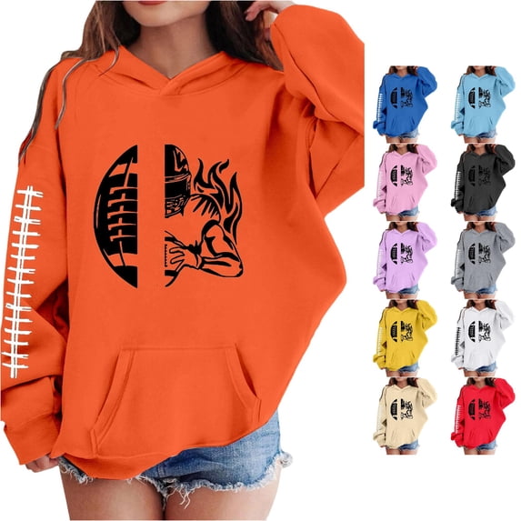 Gyujnb Football Print Hooded Pullover with Sleeve Graphic, Casual Layering Top (Toddler to Big Girls),7-8 Years