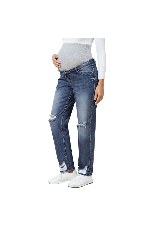 Gyujnb Full Over Belly High Waist Maternity Jeans Medium Blue Wash Stretch Denim Multi Knee Hem Ripped Relaxed Straight Leg Button Zip Denim Trousers ,M