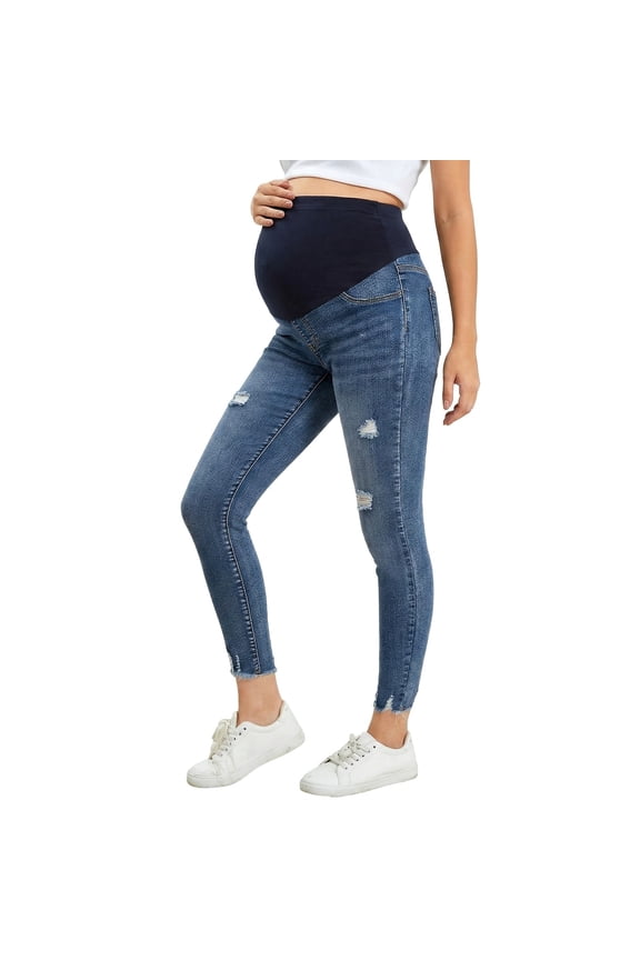 Gyujnb Full Over Belly Stretch Waistband Maternity Jeans Soft Wash Denim Multi Distressed Ripped Holes Ankle Hem Slim Ankle Cut Denim Bottoms,XL