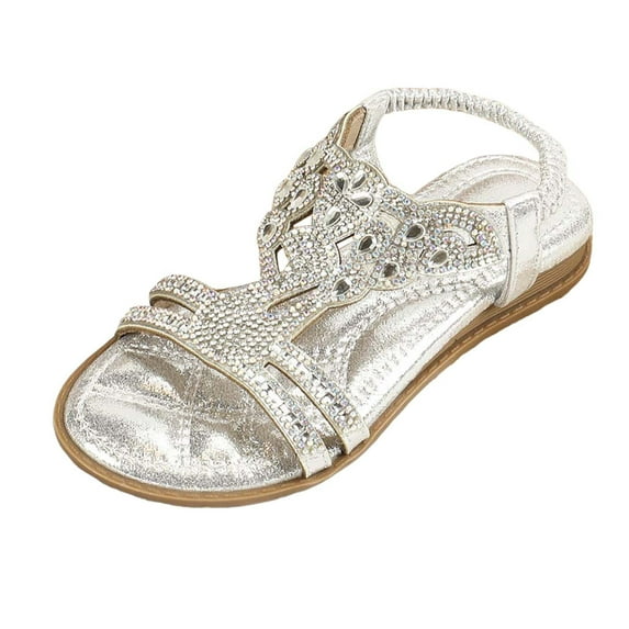 Gyujnb Girl Princess Sandals Rhinestone Slingback Sandals Elastic Ankle Strap Casual Bohemian Beach Shoes,11-11.5 Years