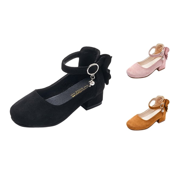 Gyujnb Girls Block Heel Shoes Bow Back Ankle Strap Princess Shoes for Wedding and Party,4.5-5 Years