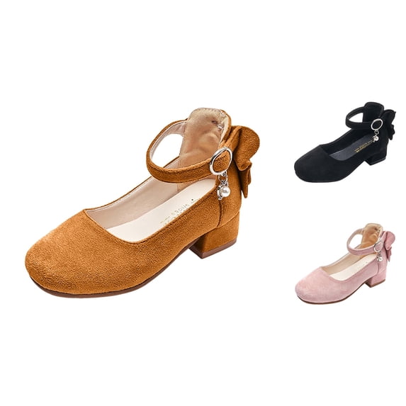 Gyujnb Girls Block Heel Shoes Bow Back Ankle Strap Princess Shoes for Wedding and Party,7-8 Years