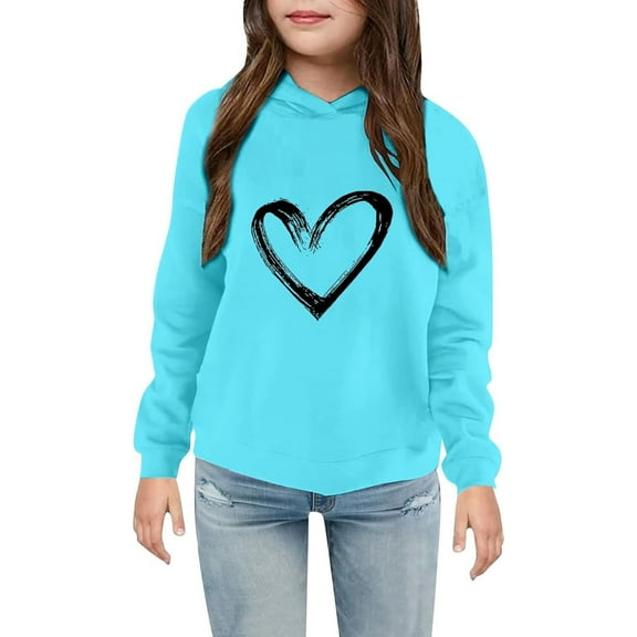 Gyujnb Girls Casual Heart Print Hooded Sweatshirt Playful Pullover for Everyday Wear Fleece Lined Soft Blend Kids Outerwear,Size:6-7 Years