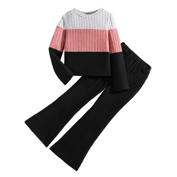 Gyujnb Girls Color Block Two Piece Set Ribbed Knit Top and Flared Pants Casual Loungewear for Fall Winter,10-11 Years