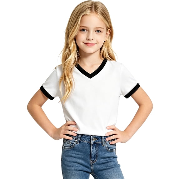 Gyujnb Girls Contrast Trim V Neck Short Sleeve Casual Ringer Tee for Everyday School Play,11-12 Years