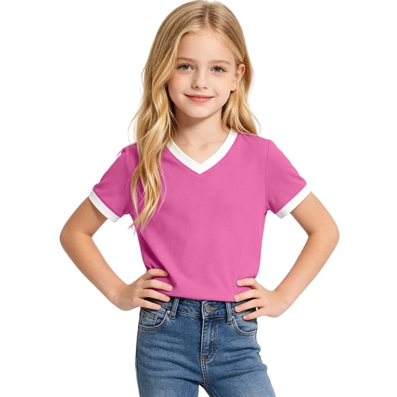 Gyujnb Girls Contrast Trim V Neck Short Sleeve Casual Ringer Tee for Everyday School Play,15-16 Years