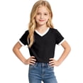 thumbnail image 1 of Gyujnb Girls Contrast Trim V Neck Short Sleeve Casual Ringer Tee for Everyday School Play,7-8 Years, 1 of 5