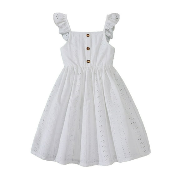 Gyujnb Girls Dresses Casual Party Dress Button Sleeveless Solid Color Loose Fit Elastic Waist Outfit for Kids,Size:7-8 Years