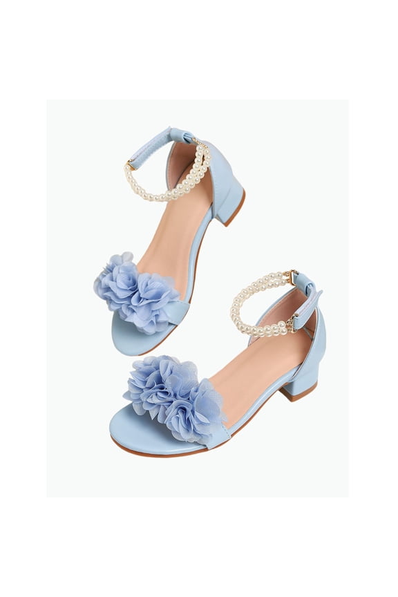 Gyujnb Girls' Elegant Pearl Flower Heeled Dress Shoes Comfortable Adjustable Strap for Party & Wedding, Open Toe Low Heel,11-11.5 Years