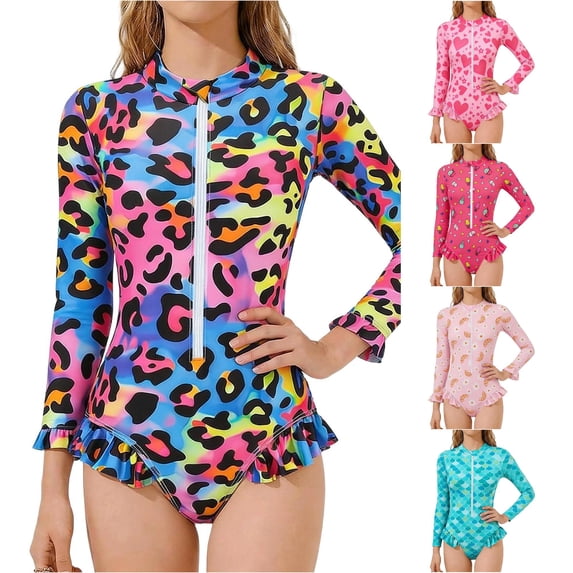 Gyujnb Girls Full Coverage Swimsuit Long Sleeve Zip Front Ruffle Sun Safe Rash Guard Bathing Suit for Beach Pool Activities,4-5 Years