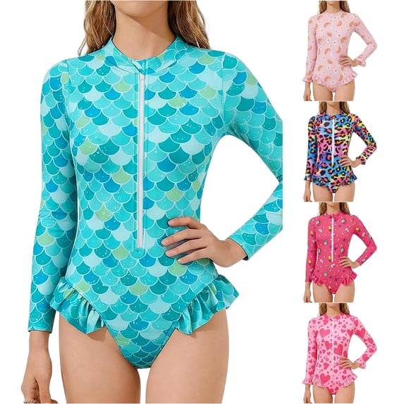 Gyujnb Girls Full Coverage Swimsuit Long Sleeve Zip Front Ruffle Sun Safe Rash Guard Bathing Suit for Beach Pool Activities,5-6 Years