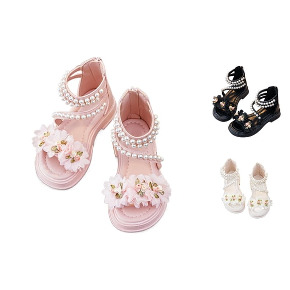 Gyujnb Girls Gladiator Sandals Pearl Flower Decor Soft Sole Back Zipper Princess Shoes for Summer,3.5-4 Years