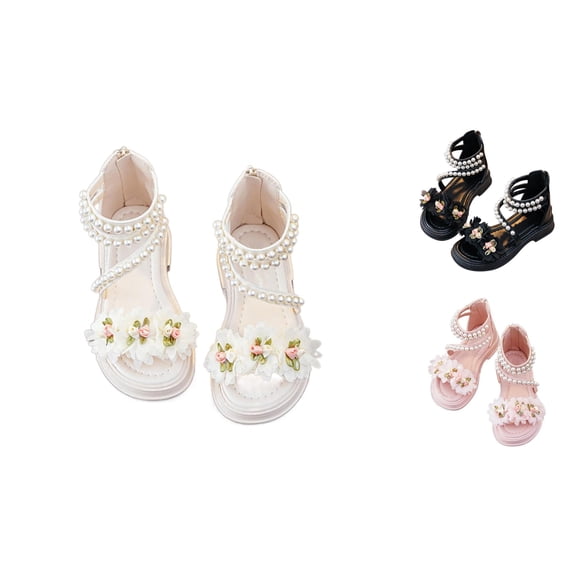 Gyujnb Girls Gladiator Sandals Pearl Flower Decor Soft Sole Back Zipper Princess Shoes for Summer,9-9.5 Years
