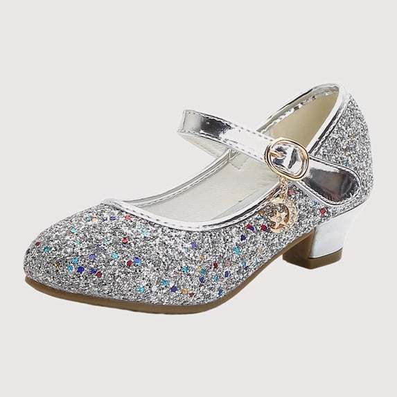Gyujnb Girls Glitter Ankle Strap Dress Shoes, Buckle Low Heel Closed Toe Heels (Toddler, Little Girls, Big Girls),10-10.5 Years