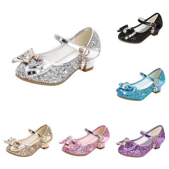 Gyujnb Girls Glitter Bow Rhinestone Low-Heel Mary Jane Shoes Adjustable Buckle for Party & Formal Wear,11.5-12 Years