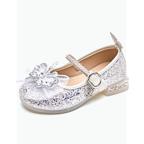 Gyujnb Girls' Glitter Bow Rhinestone Princess Mary Jane Shoes Adjustable Buckle Strap Low Heel Dress Shoes, Closed Toe,10-10.5 Years