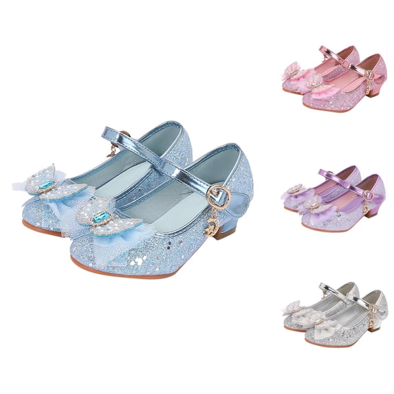 Gyujnb Girls Glitter Princess Heeled Shoes Rhinestone Bow Mary Jane Shoes for Wedding Party,4