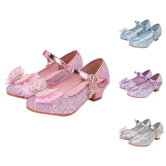 Gyujnb Girls Glitter Princess Heeled Shoes Rhinestone Bow Mary Jane Shoes for Wedding Party,4