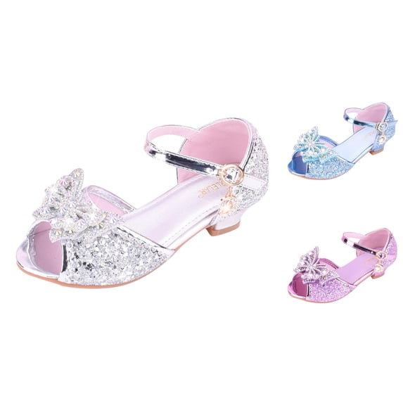 Gyujnb Girls Glitter Sandals Rhinestone Bow Ankle Strap Low Heel Princess Shoes for Party Performance,7-8 Years