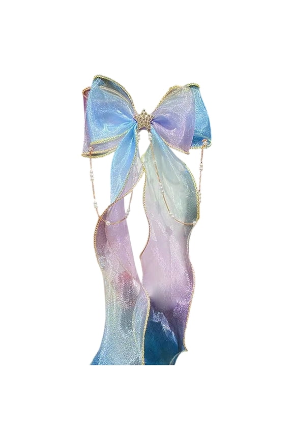 Gyujnb Girls Gradient Bow Hair Clip with Pearl Chain Ribbon Hair Accessory for Kids