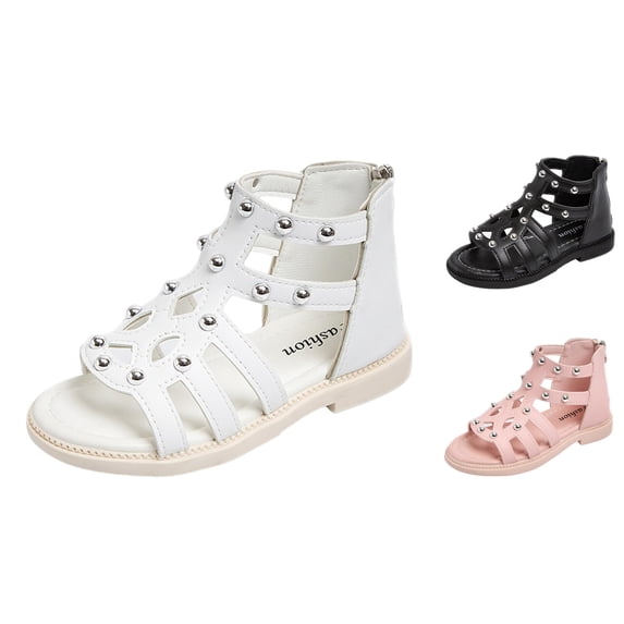Gyujnb Girls High-Top Gladiator Sandals Studded Back Zipper Flat Summer Princess Shoes,3.5-4 Years