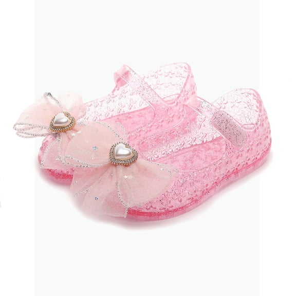 Gyujnb Girls' Jelly Mary Jane Sandals Bow & Pearl Heart Design Cute Party Dance Shoes for Kids,2.5-3 Years