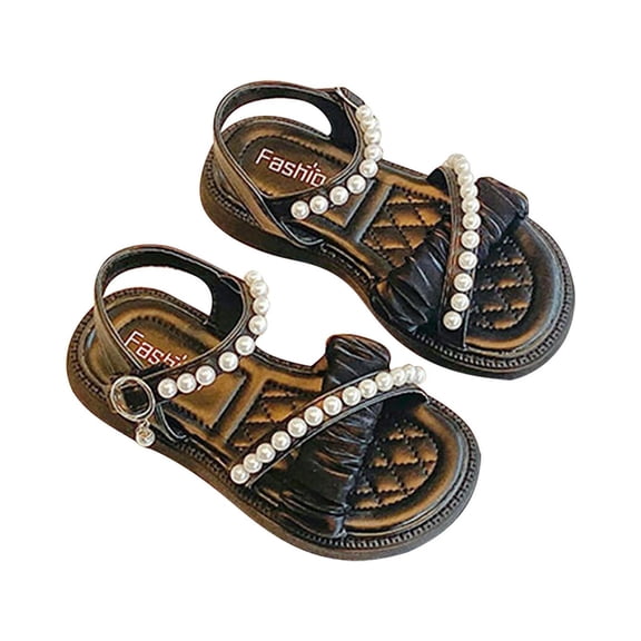 Gyujnb Girls Open Toe Sandals Pearl Decor Ruched Strap Adjustable Buckle Flat Summer Casual Shoes,2.5-3 Years